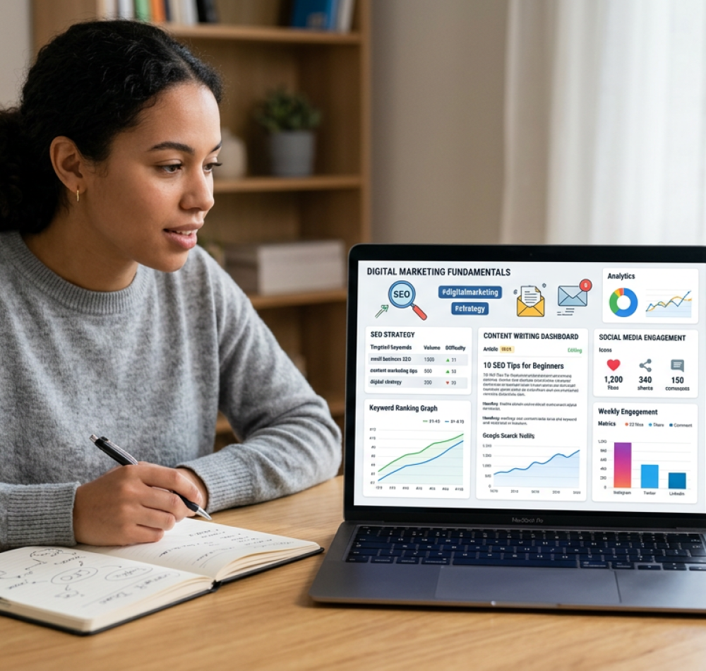 A beginner learning digital marketing concepts on a laptop screen