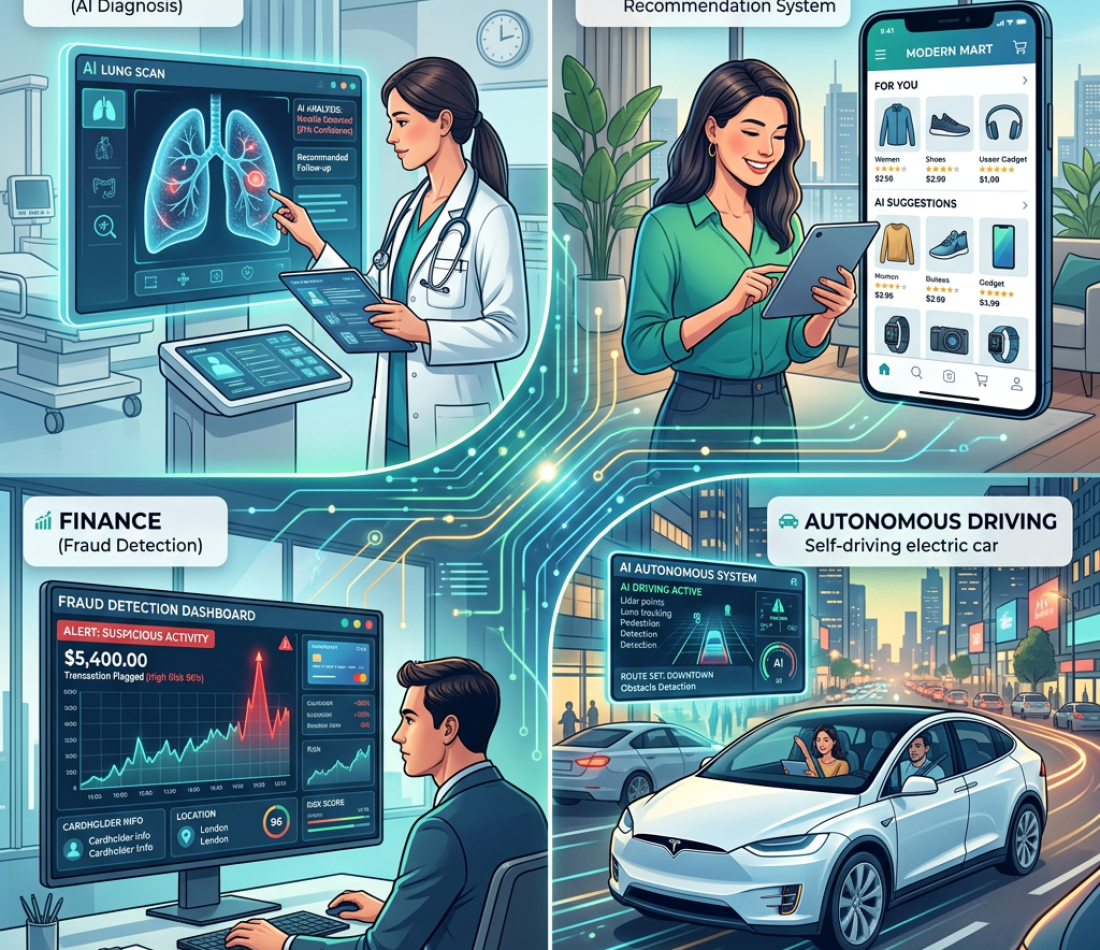 A modern illustration showing real-world applications of Artificial Intelligence and Machine Learning