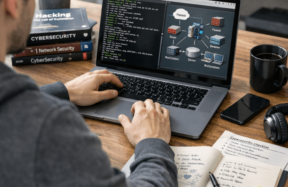 A student learning cyber security on a laptop