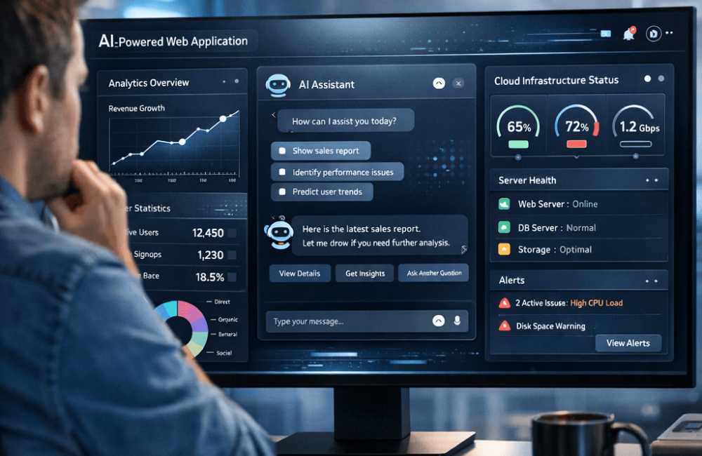 A web application dashboard powered by AI with data visualization charts