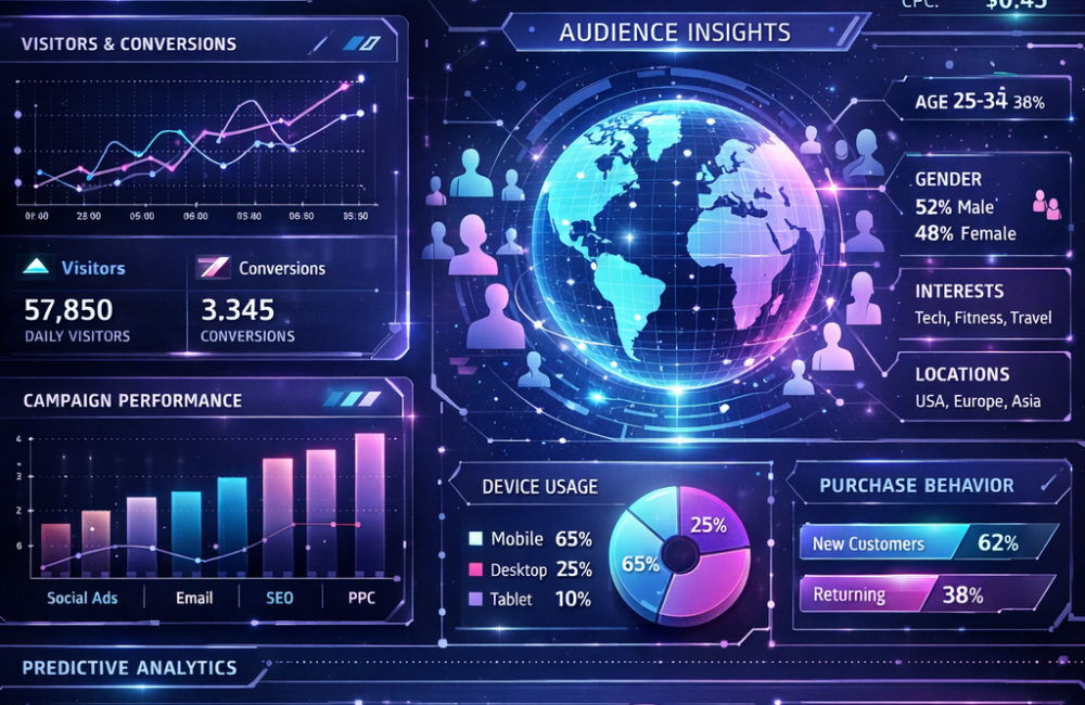 AI-powered analytics dashboard showing marketing data