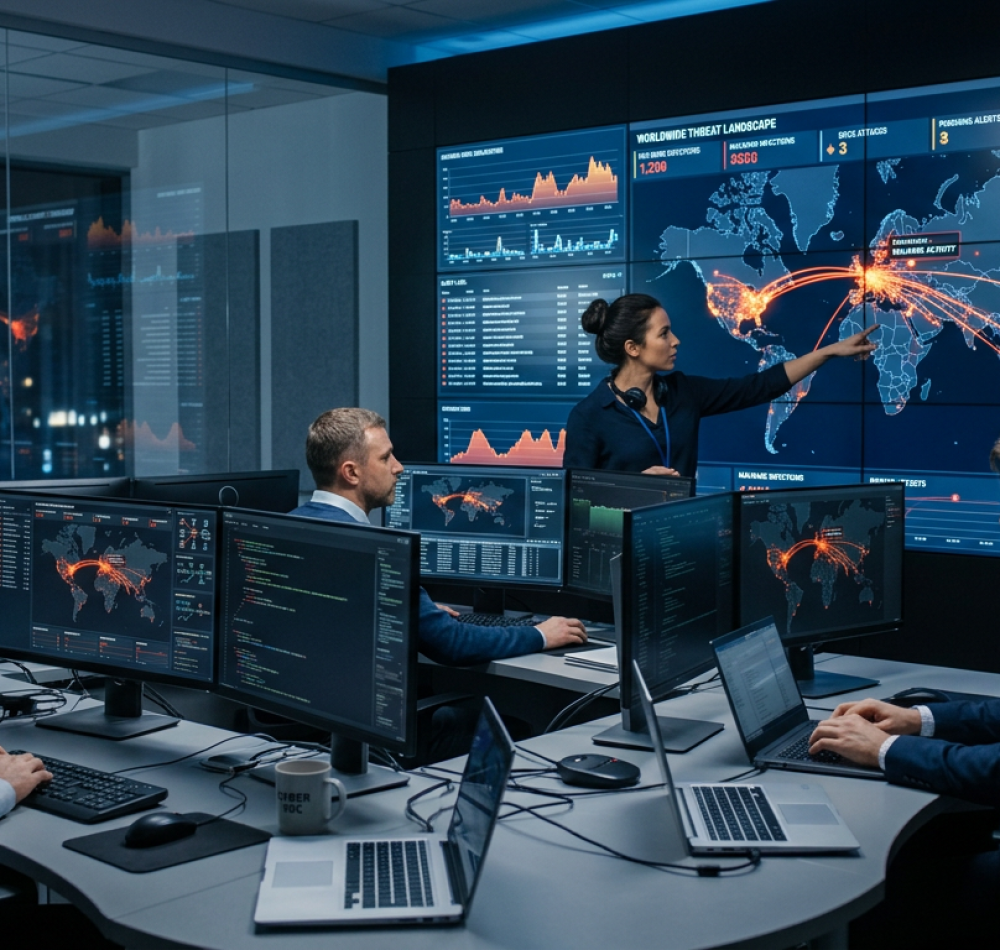 Cyber security team analyzing threats on large digital dashboards in modern office