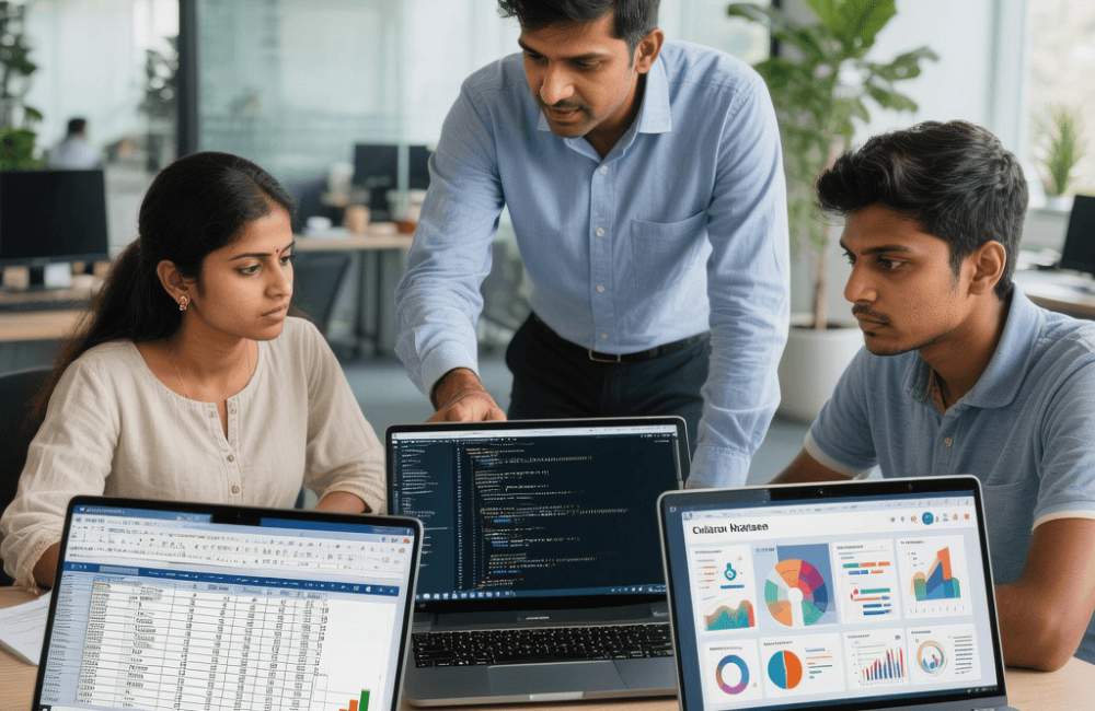 Data analytics students working on real-time business datasets