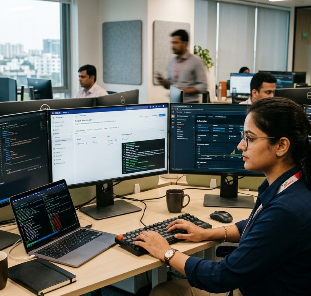 DevOps engineer working on multiple screens showing cloud dashboards