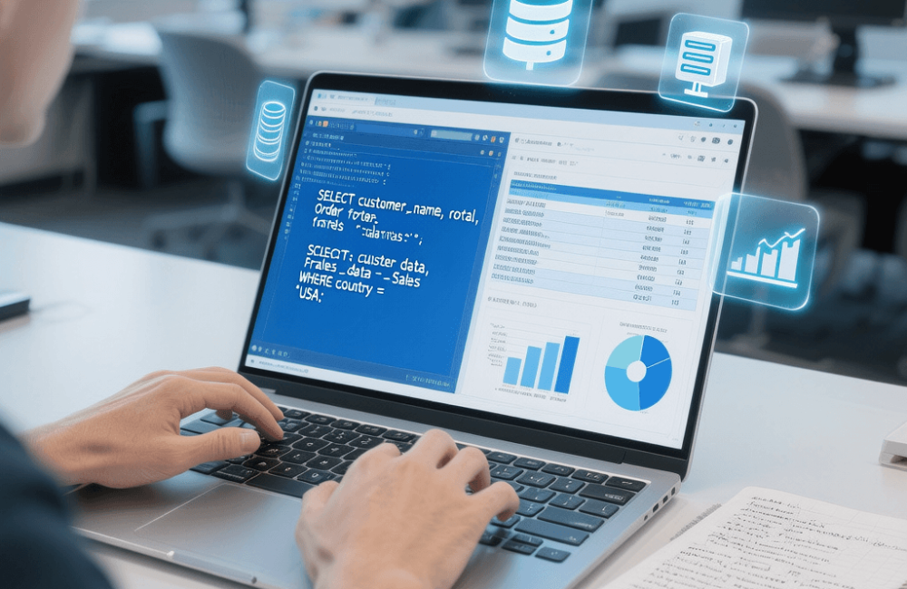 Display a laptop screen with a database table