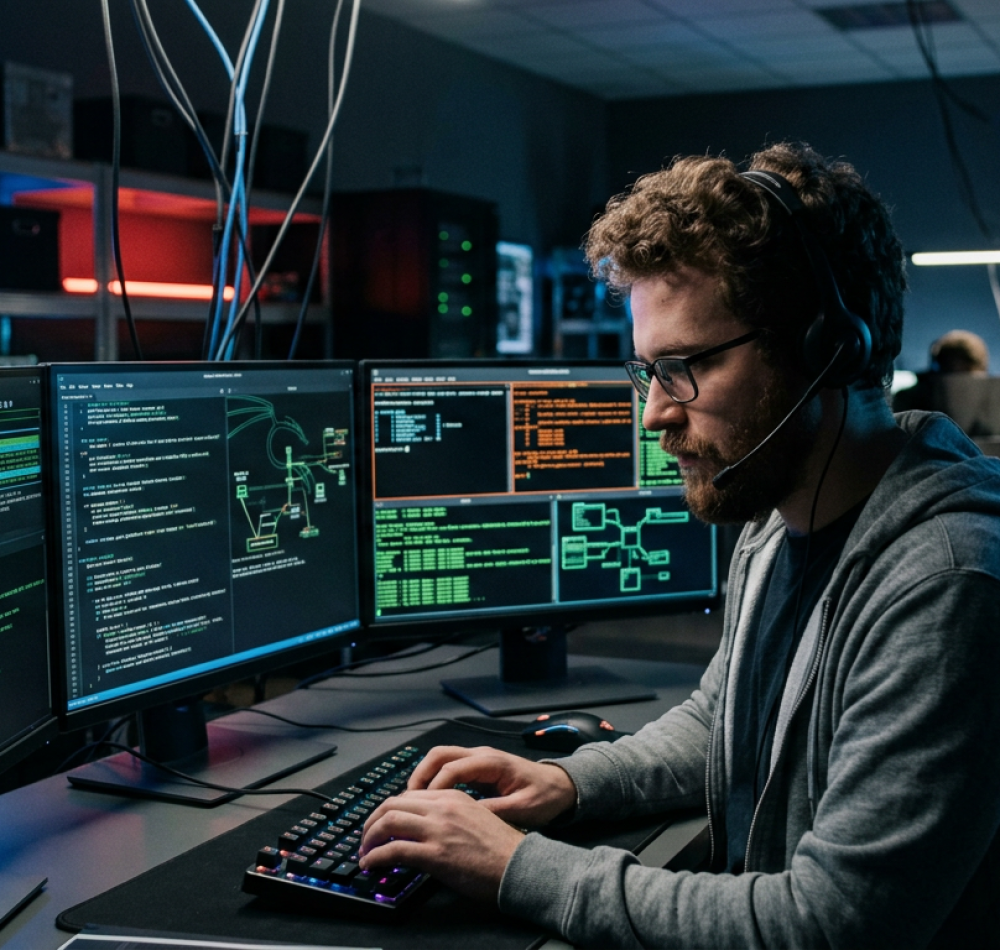Ethical hacker working on multiple monitors with code in dark cyber lab