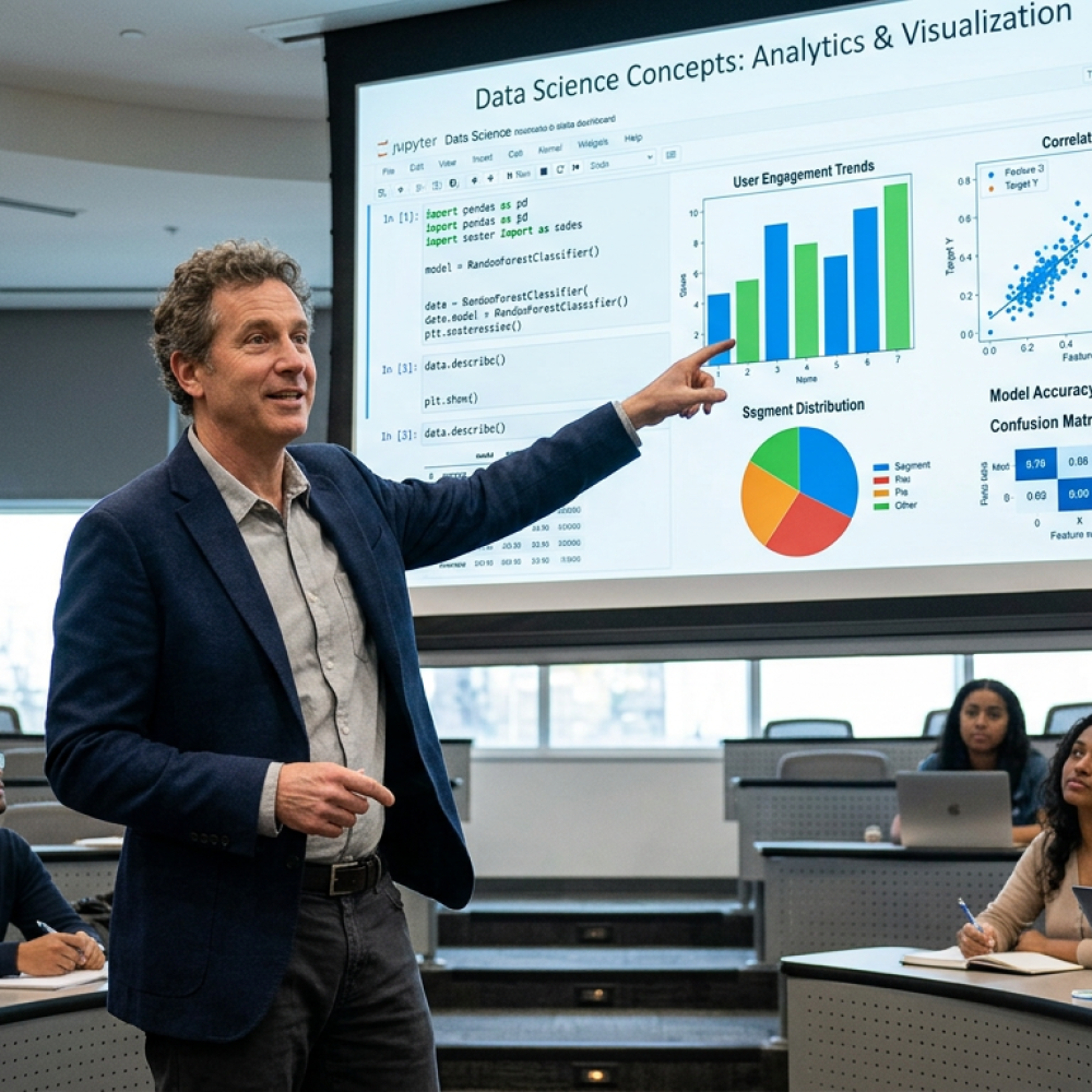 Instructor teaching data science concepts with code and analytics visuals on screen