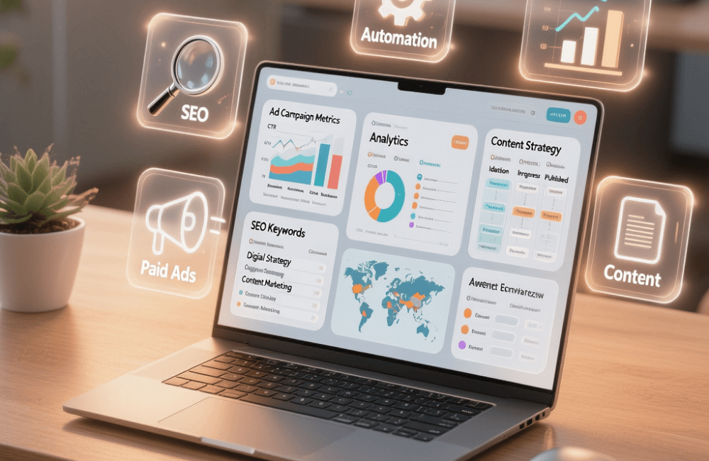 Show a desk setup with laptop displaying analytics dashboard