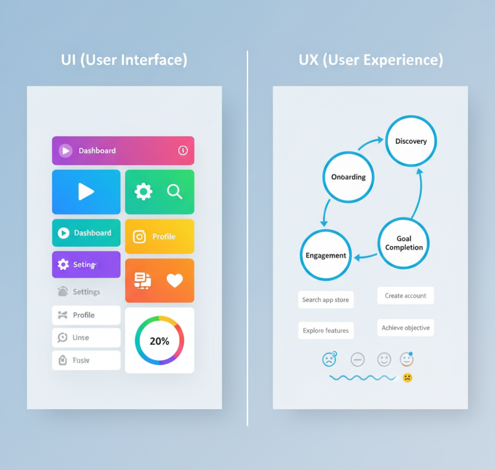 Split screen concept showing UI vs UX