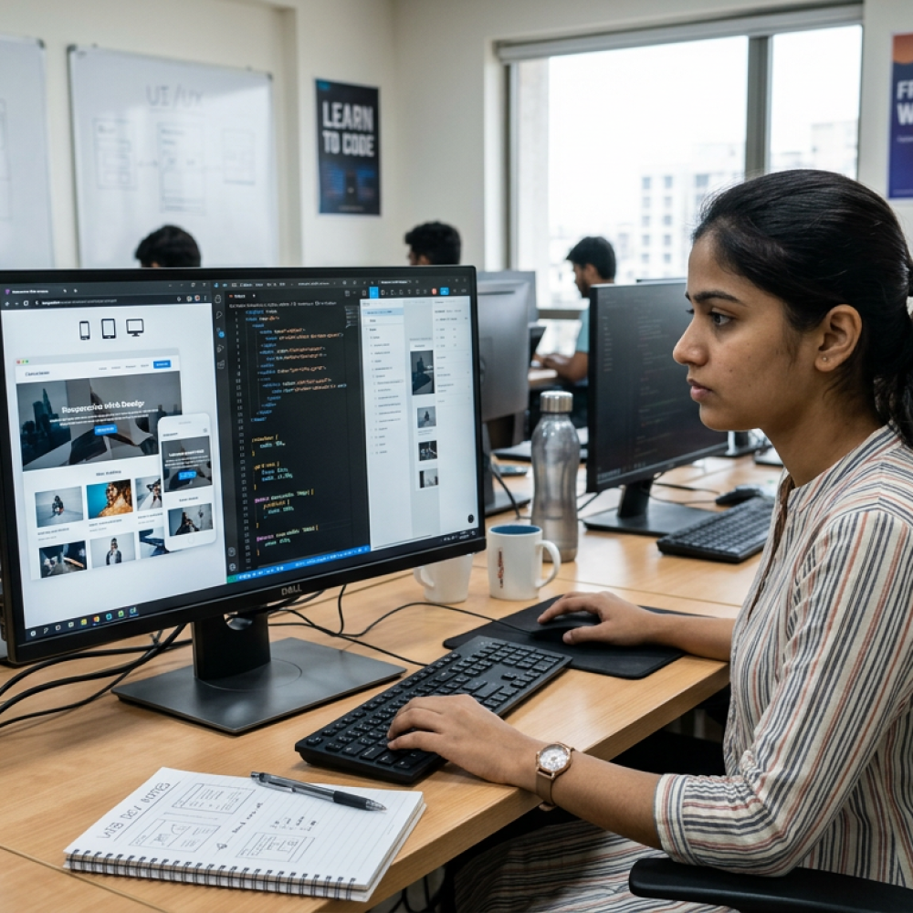 Student designing responsive website layout on computer screen