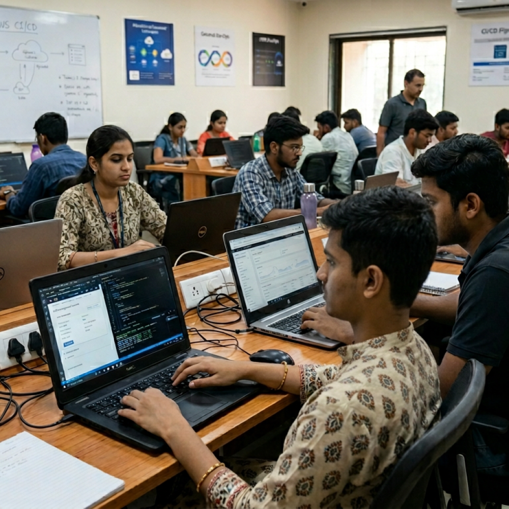 Students practicing AWS DevOps tools on laptops