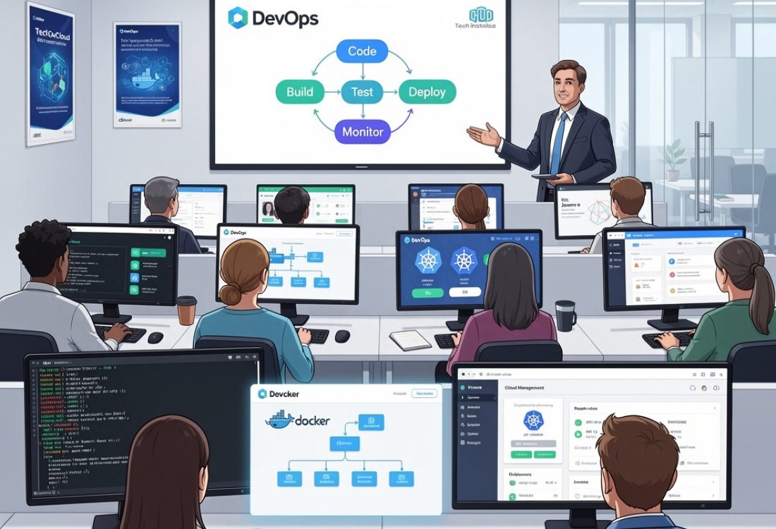illustration showing students learning DevOps tools