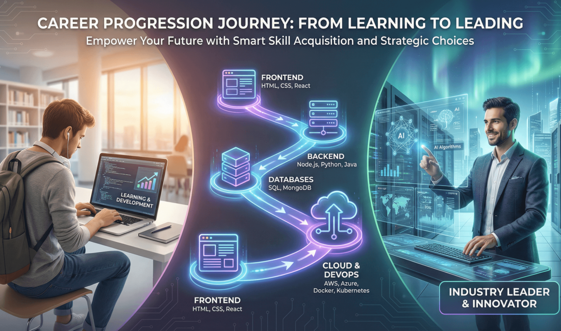 Create a professional visual showing real-world applications built on a tech stack. Display multiple screens such as a website, mobile app, and enterprise dashboard connected to a single technology foundation. The foundation should visually represent frontend, backend, database, and cloud layers working together. Use clean white and blue tones, modern flat design, and subtle shadows. The image should communicate practical learning and industry relevance, not theory.